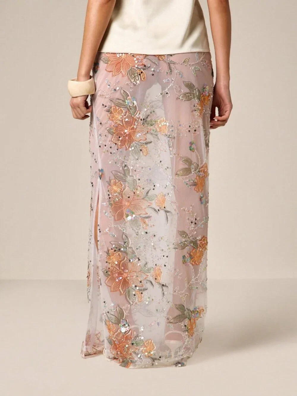 Multicolor Sexy Women's Floral Pattern Sequin Embellished Maxi Skirt with Floral